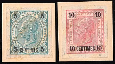 (*) - Österr. Post a. Kreta Nr. 1 u. 2 ungezähnt mit Probeaufdruck "CENTIMES" auf Karton aufgeklebt, - Stamps
