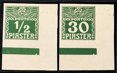 (*) - Österr. Post in der Levante Porto Nr. 7 U yb und 14 U yb beide ungezähnte Vorlage - Eckrandstücke mit Balken, - Stamps