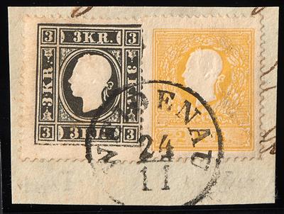Briefstück - Österr. Nr. 10 I (links Zahnmgl.) + 11 I zusammen auf Briefstück mit Stempel WEIDENAU, - Francobolli