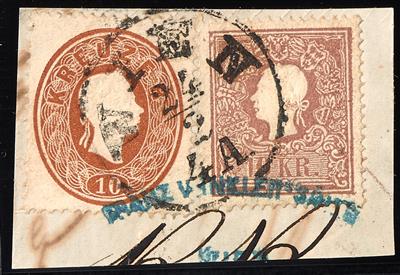 Briefstück - Österr. Nr. 14 II + 21 als Mischfrankatur - Známky