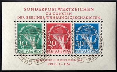 gestempelt - Berlin Block Nr. 1 (Währungsgeschädigtenblock) (110 x 66 mm) mit Sonderstempel vom 17.12.1949, - Stamps