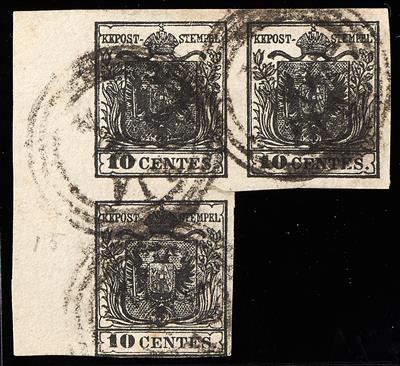 gestempelt - Lombardei-Venetien Nr. 2 H Ia + Ib + Ib im DREIERBLOCK vom linken RAND (11 mm), - Stamps