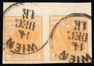 gestempelt - Österr. Nr. 1 H I im waagrechten PAAR vom Oberrand (6 mm), - Briefmarken