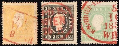 gestempelt - Österr. Nr. 10 II, 11 II, 12, 13 I, 14 I, 15 I, je mit Rotstempel - Briefmarken