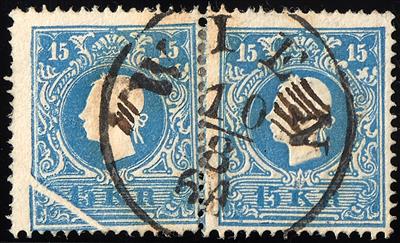 gestempelt - Österr. Nr. 15 II im waagr. Paar, linke Marke mit breiter Papierfalte - Briefmarken