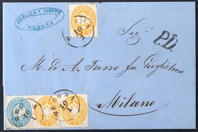 Poststück - Lombardei-Venetien Nr. 14 (3 Stück) + 22 als Mischfrankatur auf Brief von VERONA nach Milano, - Briefmarken