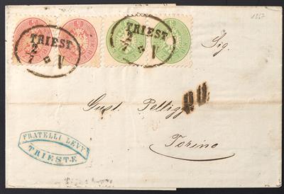 Poststück - Österr. Nr. 31 (2) + 32 (2) auf Faltbrief mit Stempeln TRIEST nach Torino vom 2.7.1867, - Známky