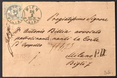 Poststück - Österr. Nr. 40 I graulila auf rekommandiertem Briefkuvert mit blaugrauem - Briefmarken