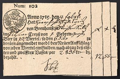 Poststück - Österr. Stempelmarken 1715/1802 - Lot von 6 historischen Trank/Biersteuer quittungen - Známky