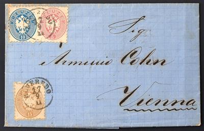 Poststück - Österreich Nr. 32 + 33 + 34 als Drei-Farben-Frankatur - Briefmarken