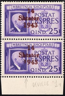 ** - D. Bes. Albanien Nr. 14 VI (1943 Eilmarke 25 Q. mit Aufdruckfehler "1 von 1943 verkürzt") im Paar mit Normalmarke, - Francobolli