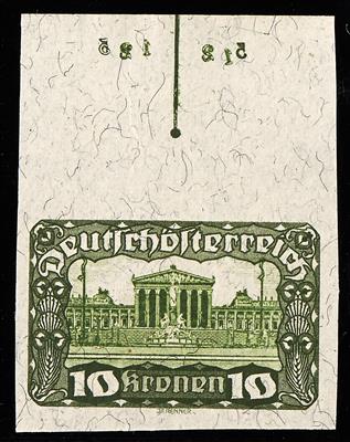 (*) - Österr.1919 Parlament 10K ungez. Oberrandstücke mit Reihenzählern mit Mittelstück hellgrün bzw. schwarz, - Stamps