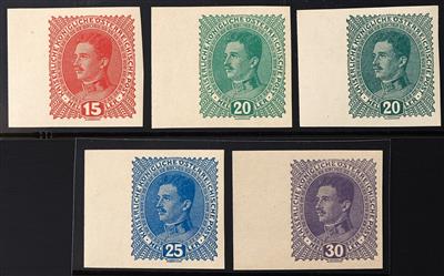 ** - Österr. Nr. 221 U/24 U mit 222 U a und b, (1917, Kaiser Karl) ungezähnter kompletter Satz vom linken Rand - Briefmarken