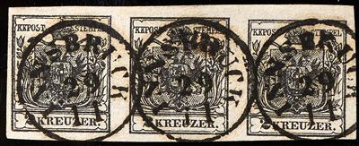 gestempelt - Österr. Nr. 2 H III a im waagrechten DREIERSTREIFEN, - Briefmarken