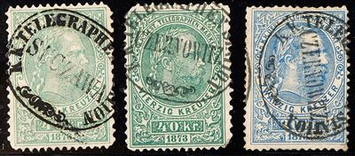 gestempelt - Österr. Telegraphenmarken Nr. 5 in zwei deutlichen Nuancen u. Nr. 3, - Stamps
