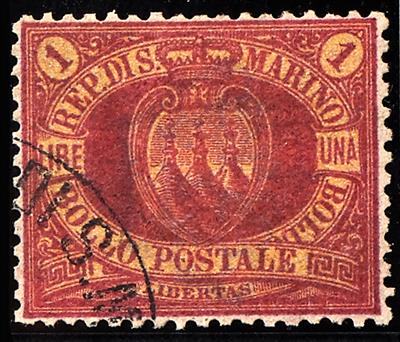 gestempelt - San Marino Nr. 20 (1 Lire karmin auf gelb), - Stamps