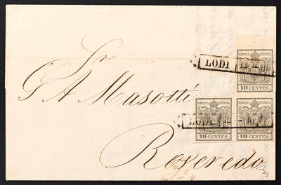 Poststück - Lombardei-Venetien Nr. 2 H im DREIERBLOCK mit 7,5 mm Randstück oben (obere Marke Type I a, - Stamps
