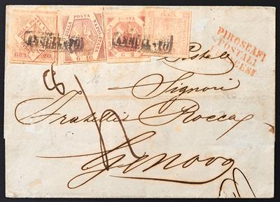 Poststück - Neapel Nr. 2 + 3 + 5 + 6 als rare Frankatur auf Faltbriefhülle nach Genova aus 1859, - Francobolli