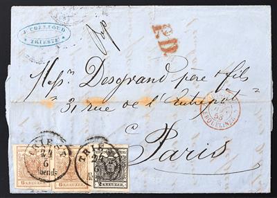 Poststück - Österr. nr. 2 M III + 4 M III (2) auf Faltbrief mit Stempeln TRIEST nach Paris vom 24.6.1858, - Stamps