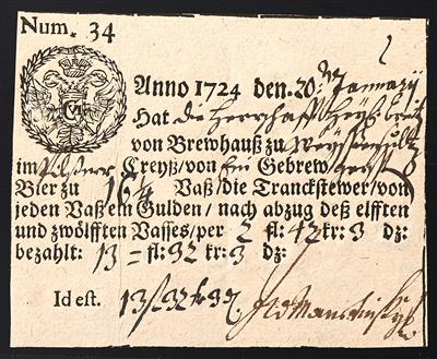 Poststück - Österr. Stempelsignetten 1724/1802 - Lot von sechs historischen Trank/Biersteuerquittungen - Francobolli