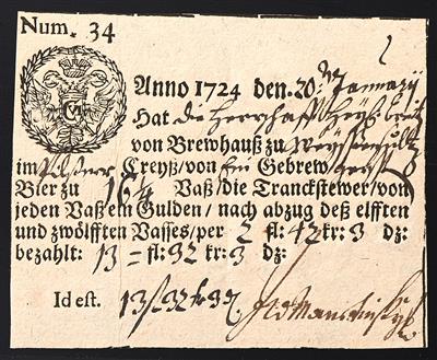 Poststück - Österr. Stempelsignetten 1724/1802 - Lot von sechs historischen Trank/Biersteuerquittungen - Stamps