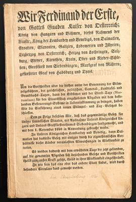 Poststück - Österr. Stempelsignetten 1840 "Wir Ferdinand der Erste ..." original amtliche Stempelpapierverordnung - Briefmarken
