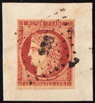 Europa Frankreich Briefstück - 1849 Freimarke 1 Franc karmin mit Plattenfehler "fehlende untere Einfassungslinie", - Známky