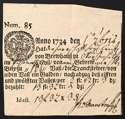 Poststück - 1724/1802, Lot von acht historischen Trank/Biersteuerquittungen - Stamps