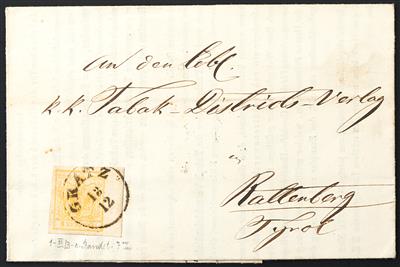 Ausgabe 1850 Poststück - 1856 1 Kreuzer Mp 7 mm Bogenrand rechts auf Brief von Gratz nach Rattenberg, - Francobolli