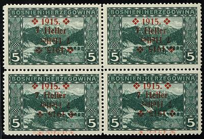 Bosnien ** - 1915 KWM 7 Heller auf 5 Heller grün im Viererblock mit Doppelaufdruck wobei einer kopfstehend ist, - Známky