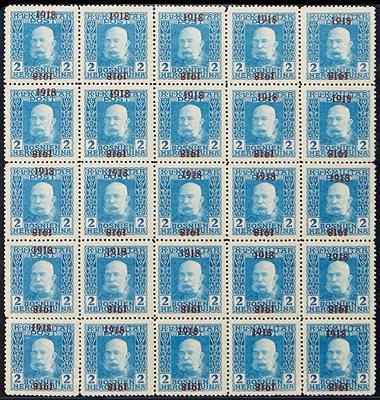 Bosnien ** - 1918 Freimarke 2 Heller hellblau mit doppeltem Aufdruck davon einer kopfstehend im 25er-Bogen, - Stamps