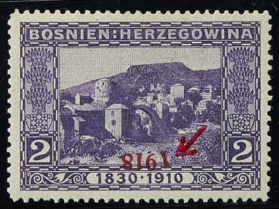 Bosnien * - 1918 Freimarke 2 Heller violett mit kopfstehendem Aufdruck und Plattenfehler "schräge 1", - Francobolli