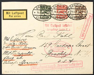 Katapult Poststück - 1929 Danzig: KatapultpostBrief "Bremen"- New York mit allen Stempeln und schöner Frankatur, - Briefmarken