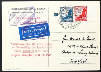 Katapult Poststück - 1935 Hinweisstempel der Bordpostämter "Europa"in rot auf Ansichtskarte, - Briefmarken