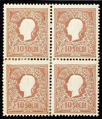 Lombardei Ausgabe 1858 * - 10 Soldi braun Type I im Viererblock mit vollem frischen Original-Gummi, - Francobolli