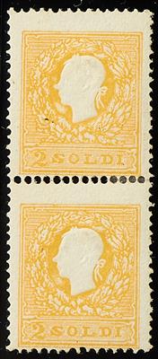 Lombardei Ausgabe 1858 * - 2 Soldi gelb Type II senkrechtes Paar, - Briefmarken