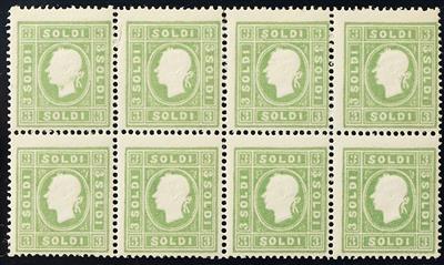 Lombardei Ausgabe 1858 ** - 3 Soldi hellgrün waagrechter 8er-Block, - Briefmarken