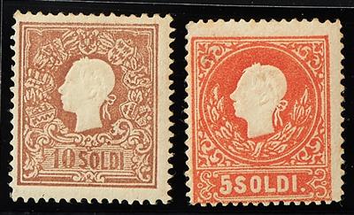 Lombardei Ausgabe 1858 **/* - 5 Soldi Type II postfrisch und 10 Soldi braun Type I, - Briefmarken