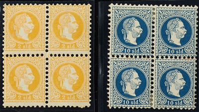 ö Post Levante **/* - 1867 Freimarken 2 Soldi chromgelb grober Druck und 10 Soldi blau feiner Druck je im Viererblock, - Briefmarken