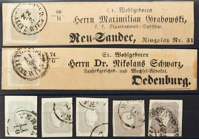 Zeitungsmarke 1861 Briefstück/gestempelt - 1,05 Kreuzer kleine Partie von 5 losen Marken und 2 Schleifen, - Známky