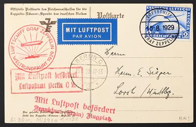 Zepp Poststück - 1929 Weltrundfahrt: Zeppelin-Spendenkarte mit 2 RM Zeppelinmarke und allen Stempeln bis Berlin, - Stamps