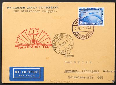 Zepp Poststück - 1931 Polarfahrt Brief mit 2 RM Zeppelinmarke über "Malyguin" in die Schweiz, - Briefmarken