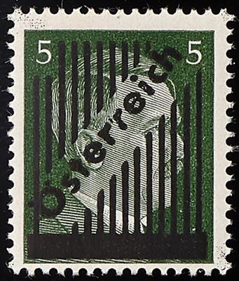 ** - Österr. 1945 - III. Wiener Aushilfsausgabe 5 Pfg. dunkelmoosgrün mit Plattenfehler "gespaltenes r", - Briefmarken