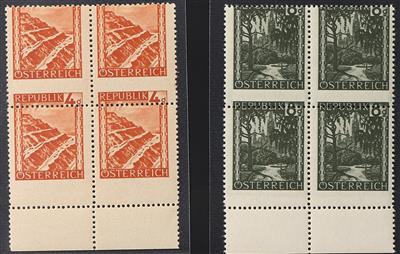 ** - Österr. Nr. 739 und 744 (4Gr. und 8Gr. aus Bunte Landschaft) je im Viererblock vom unteren Bogenrand, - Briefmarken