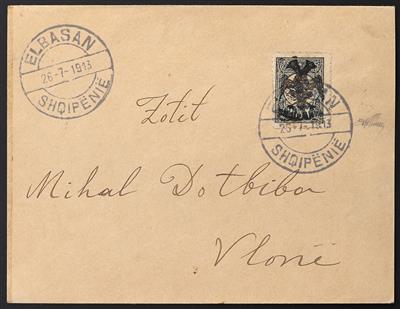 Poststück - Albanien Nr. 8 auf Kuvert von Elbasan nach Vlone vom 26.7. 1913, - Francobolli