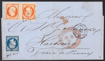 Poststück - Frankreich Yv. Nr. 14 + 16 (2) auf Faltbriefhülle von Paris nach Harbourg aus 1856, - Stamps