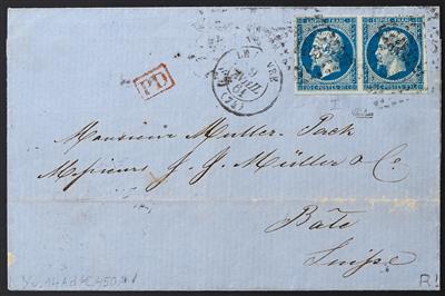 Poststück/gestempelt - Frankreich Yv. Nr. 14 in 4 Farbvarianten auf Poststück (3) bzw. gestempelt, - Briefmarken