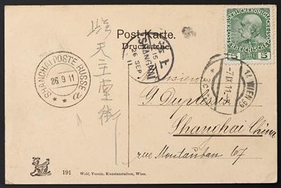 Poststück - Österr. 1911 - Postkarte m. 5 Heller v. Wien nach Shanghai China, - Známky