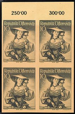 (*) - Österr. Nr. 923PUIII (10S Trachten II ungezähnt auf gelblichem Andruckpapier) im Viererblock vom Bogenoberrand, - Stamps