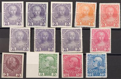 **/(*) - Österr. 1908 - 2 Heller - 9 verschiedene Farbproben ungez. bzw. gez., - Stamps